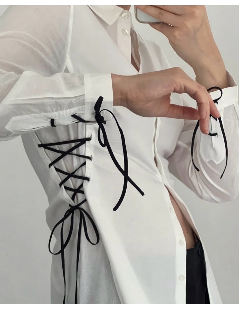 Vintage Anne Fontaine White black ribbon lace up / Button-Up Blouse S/36 - Picture 2 of 7